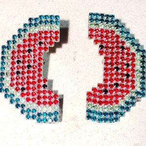 Dorothy Bauer Watermelon Shaped Rhinestone Clip Earrings LARGE